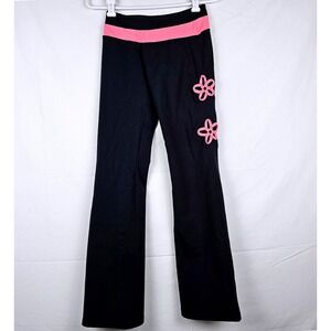 Cute Lino Fitness Black Pink Flower Yoga Pants Athletic Low Rise Leggings XS S